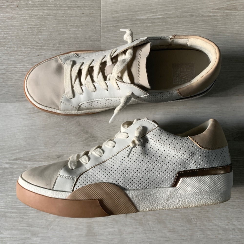 DV Dolce Vita White Tan Perforated Low Top Sneakers Rose Gold Trim